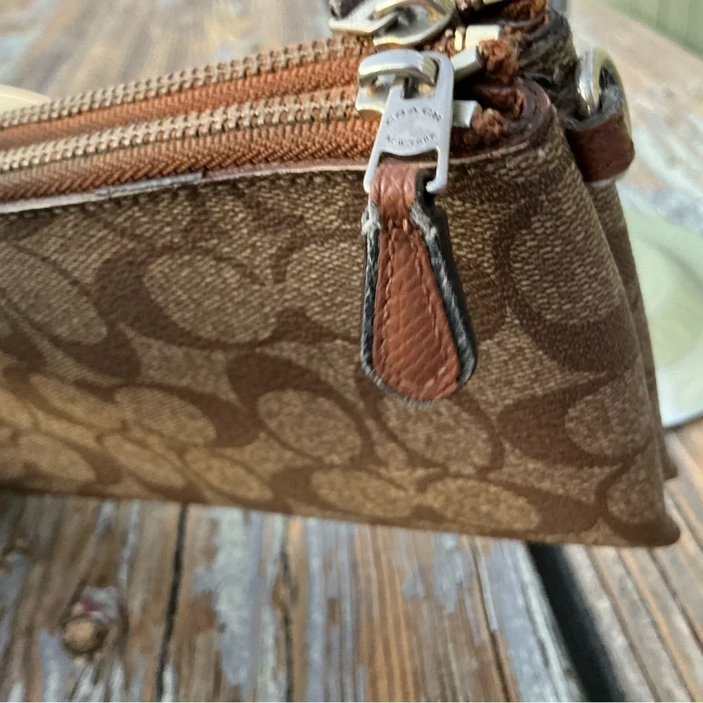 Coach Brown Signature Coated Canvas Double Corner Zip Wallet Wristlet/Purse